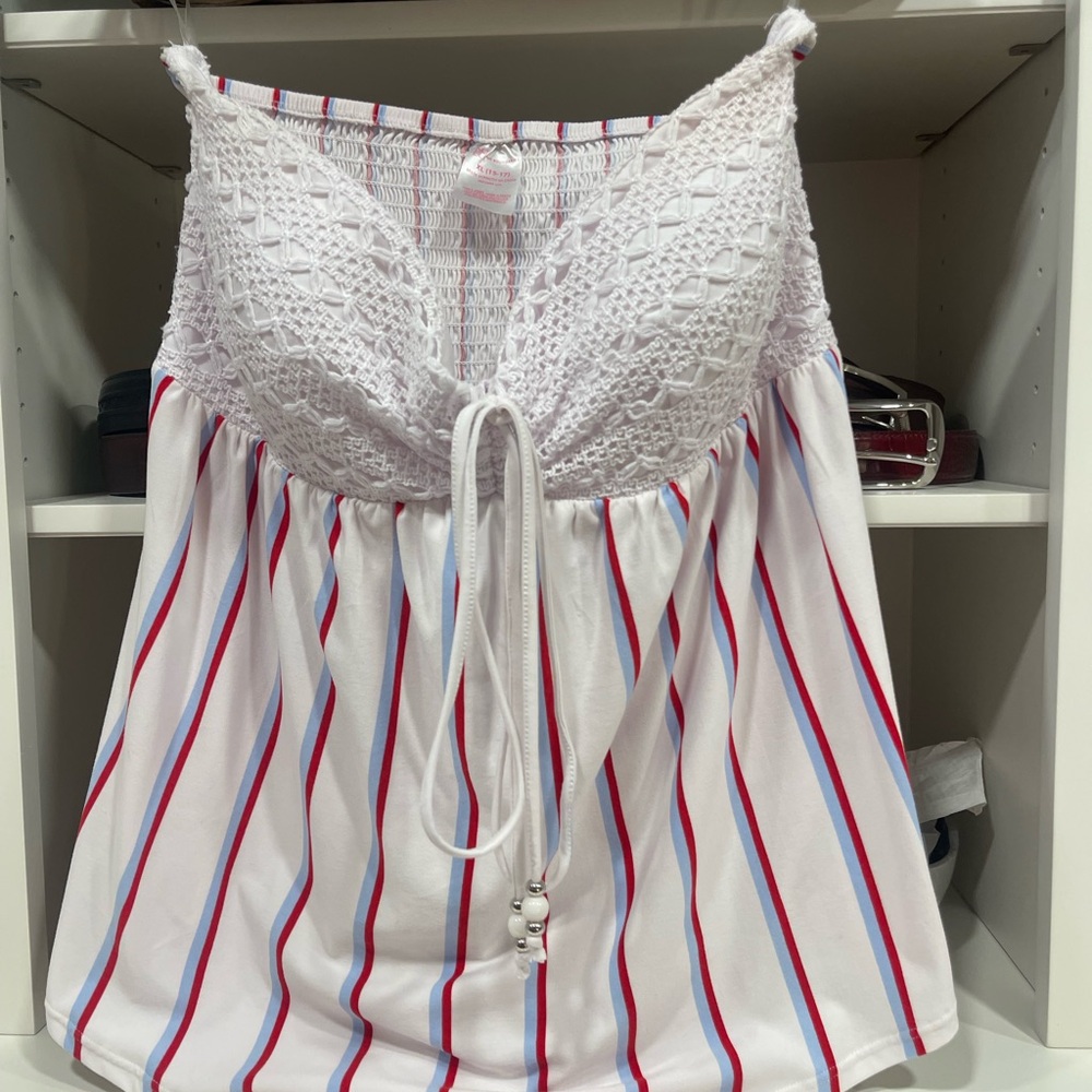 White and Red Striped Lace Trim Top